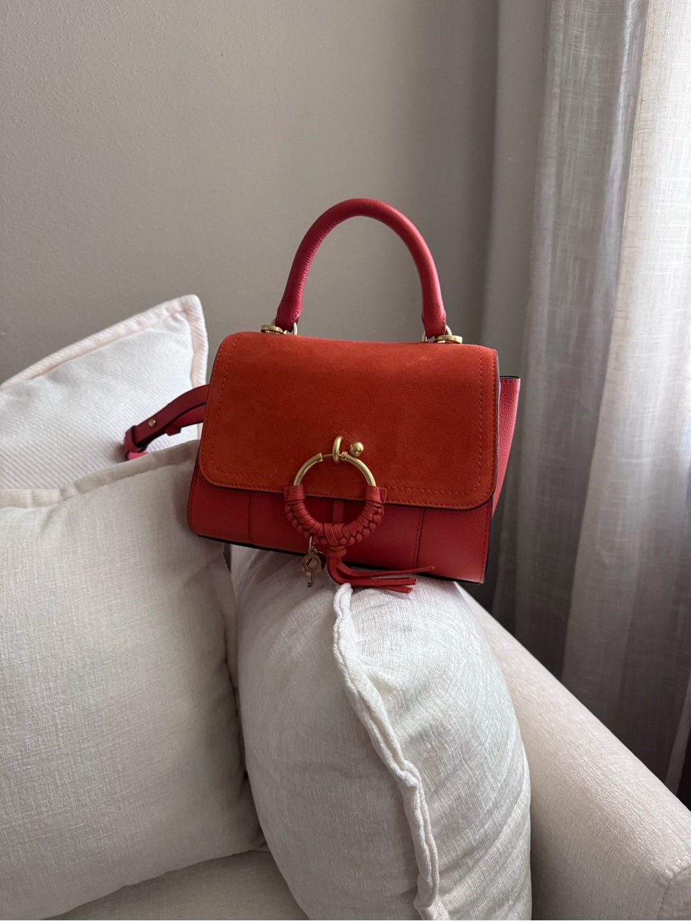 See By Chloe Red/Orange Suede & Leather Top-Handle Shoulder Bag